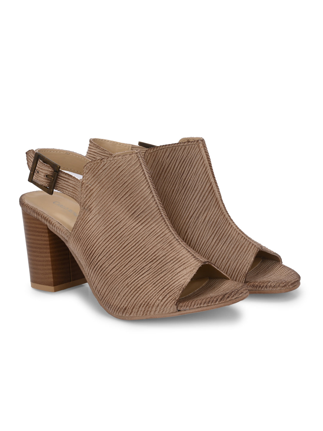 CARLO ROMANO BEIGE COLOR ITALIAN LV PRINTED SUEDE LEATHER HEEL SANDAL FOR WOMEN