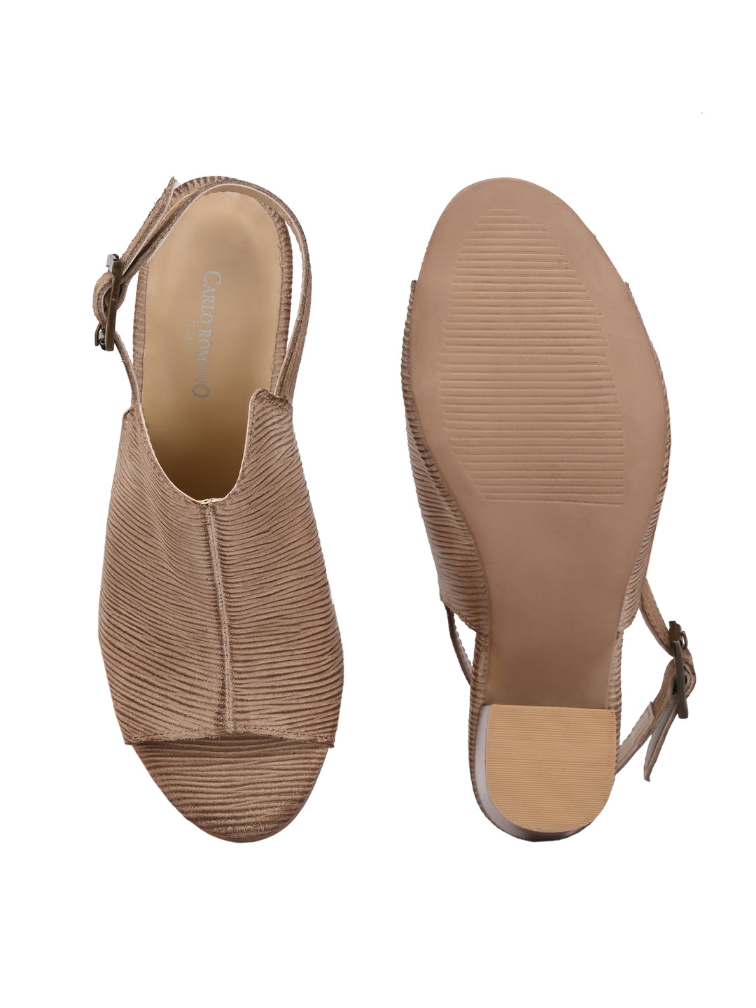 CARLO ROMANO BEIGE COLOR ITALIAN LV PRINTED SUEDE LEATHER HEEL SANDAL FOR WOMEN