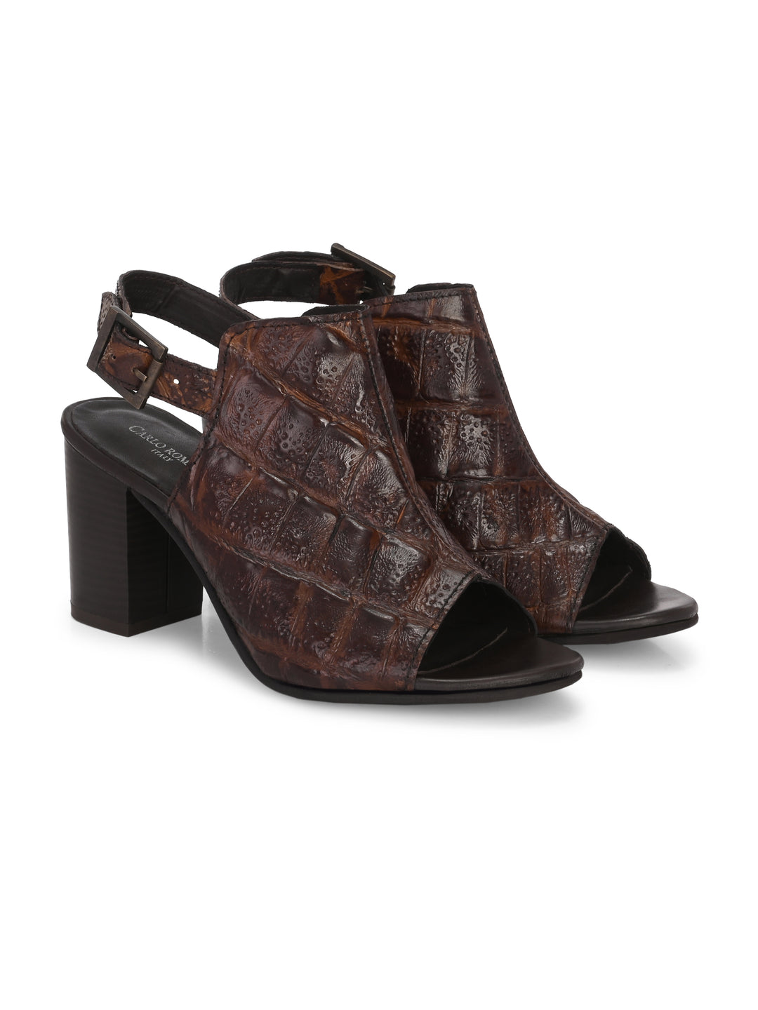CARLO ROMANO BY WASAN BROWN TAN COLOR PREMIUM ITALIAN CROCO PRINTED LEATHER SANDAL FOR WOMEN