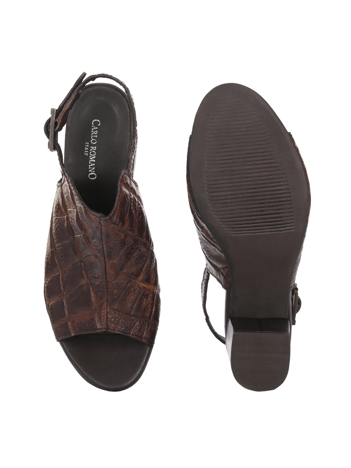 CARLO ROMANO BY WASAN BROWN TAN COLOR PREMIUM ITALIAN CROCO PRINTED LEATHER SANDAL FOR WOMEN