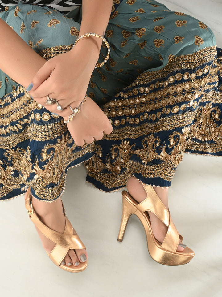 Women's Genuine Metallic Leather Stylish High Heel Sandal