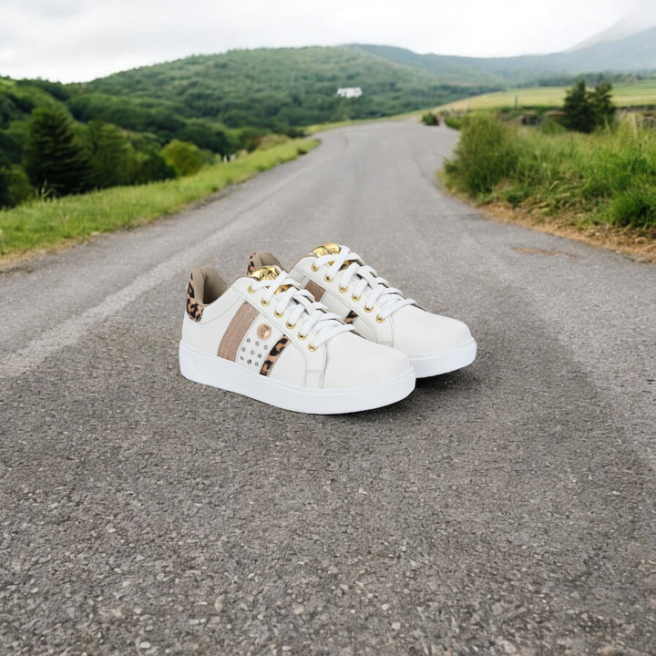 CARLO ROMANO WHITE & BEIGE COLOR STYLISH LEATHER CASUAL SNEAKER SHOE FOR WOMEN