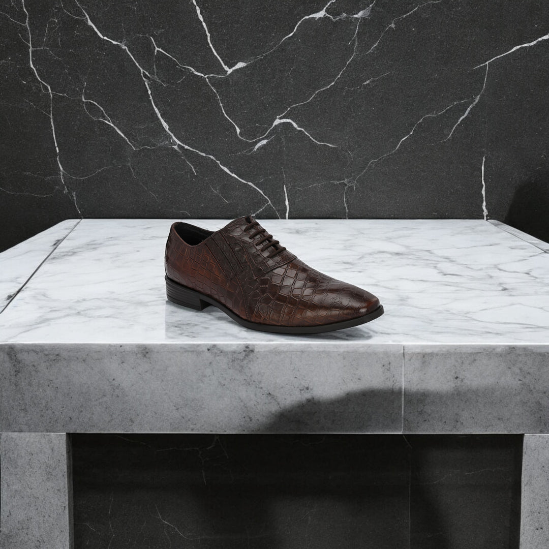 CARLO ROMANO BROWN COLOR PREMIUM RANGE ITALIAN CROCODILE PRINTED LEATHER DERBY FORMAL SHOE FOR MEN
