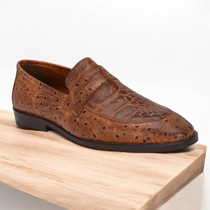 CARLO ROMANO TAN COLOR ITALIAN CROCODILE OSTRICH PRINTED LEATHER MOCCASIN  FOR MEN