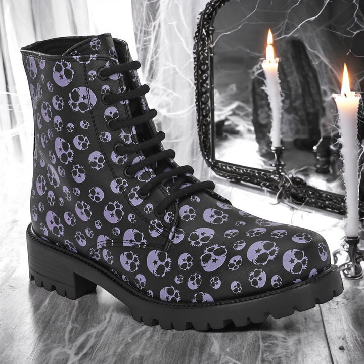 CARLO ROMANO BY WASAN BLACK-GREY COLOR VEGAN LEATHER SKULL PRINT LACE-UP ANKLE BOOTS WITH ZIP FOR WOMEN