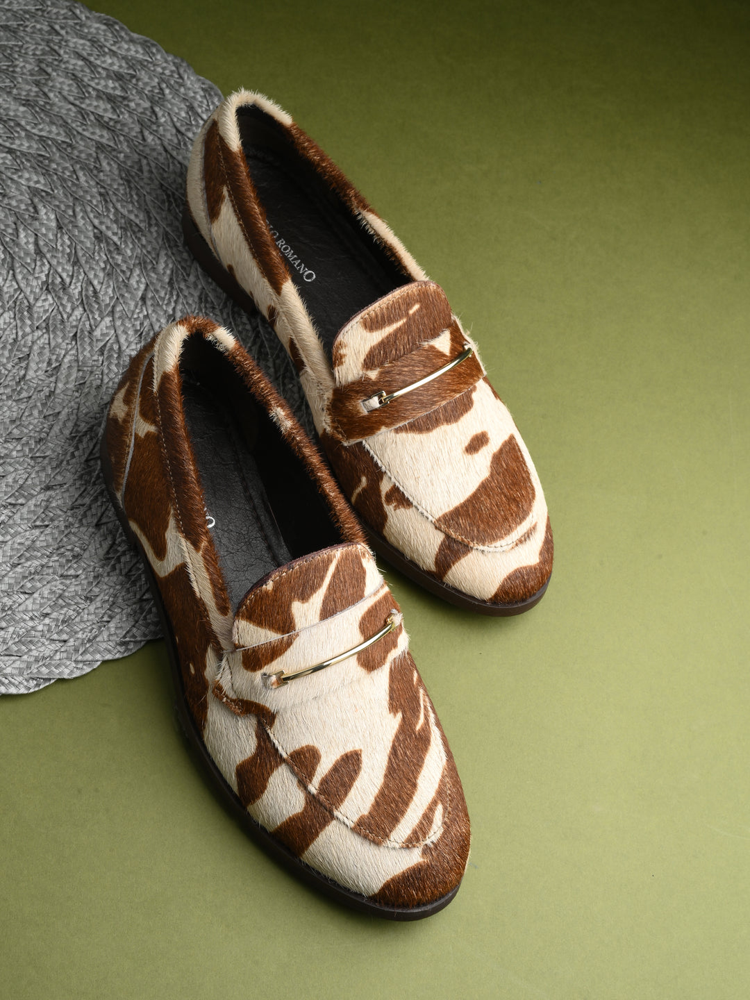 CARLO ROMANO HAIR OR FUR LEATHER BROWN-WHITE COLOR MOCCASIN SHOE FOR WOMEN