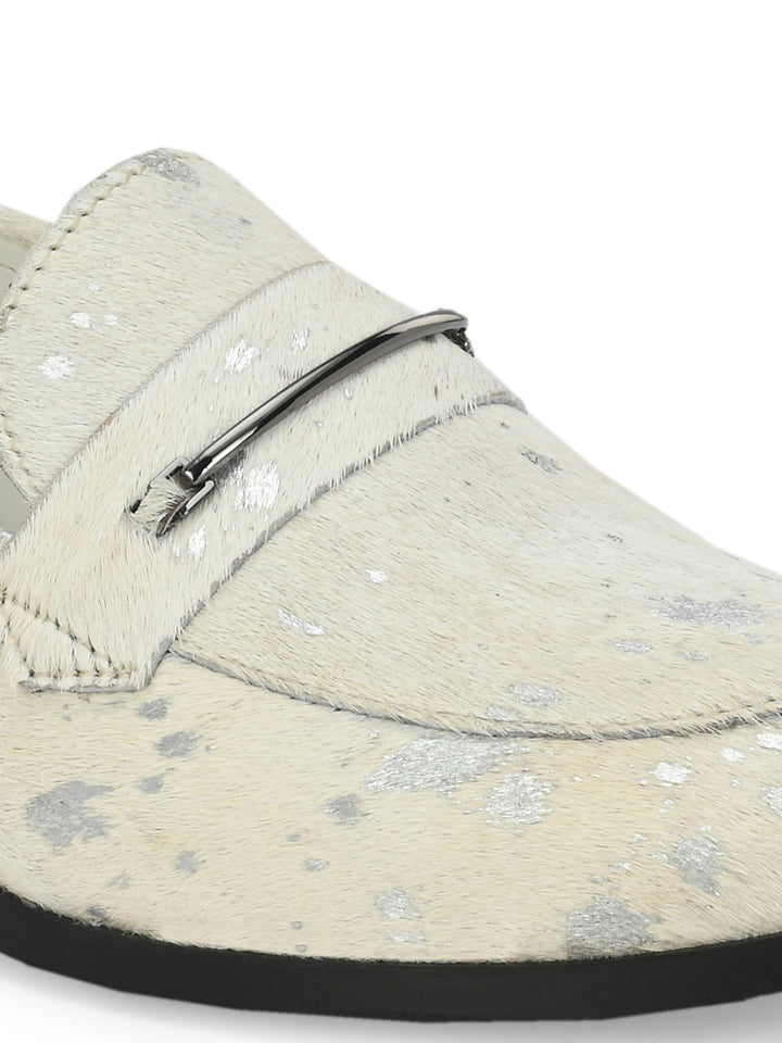 CARLO ROMANO HAIR OR FUR LEATHER WHITE-SILVER COLOR MOCCASIN SHOE FOR WOMEN