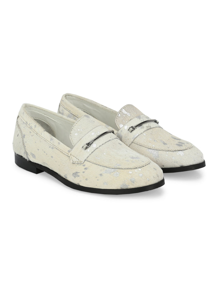 CARLO ROMANO HAIR OR FUR LEATHER WHITE-SILVER COLOR MOCCASIN SHOE FOR WOMEN