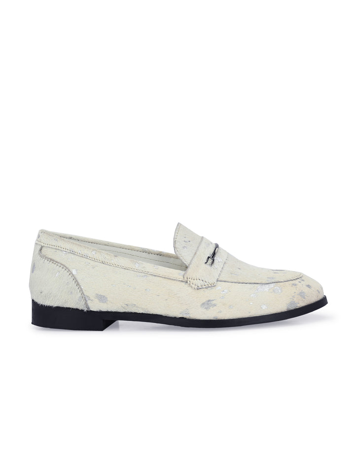CARLO ROMANO HAIR OR FUR LEATHER WHITE-SILVER COLOR MOCCASIN SHOE FOR WOMEN