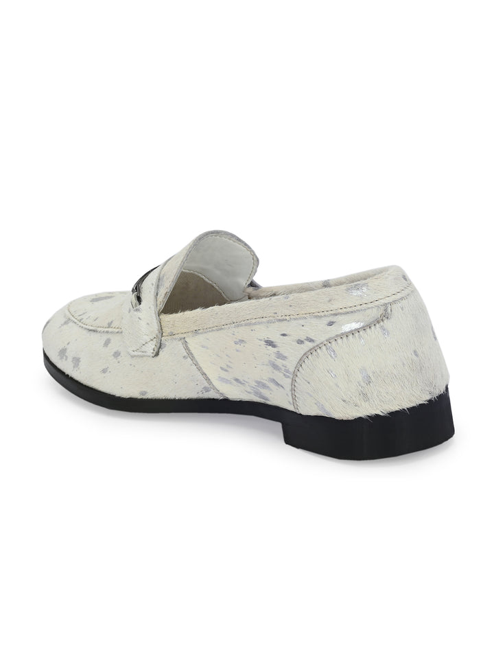 CARLO ROMANO HAIR OR FUR LEATHER WHITE-SILVER COLOR MOCCASIN SHOE FOR WOMEN