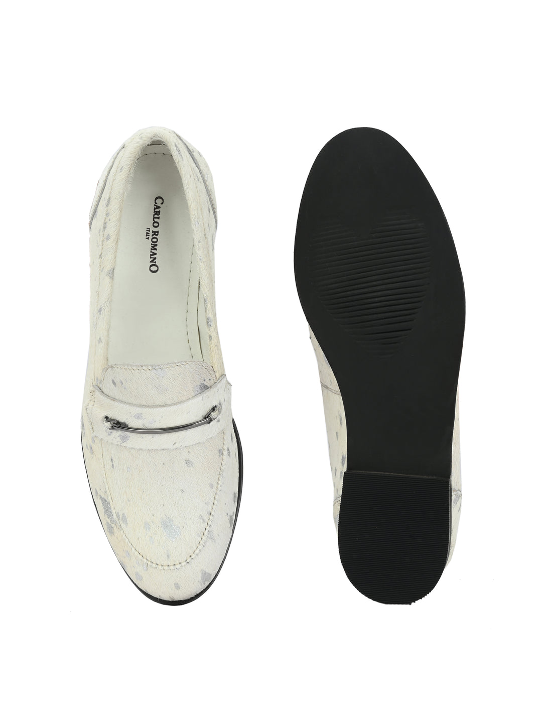 CARLO ROMANO HAIR OR FUR LEATHER WHITE-SILVER COLOR MOCCASIN SHOE FOR WOMEN