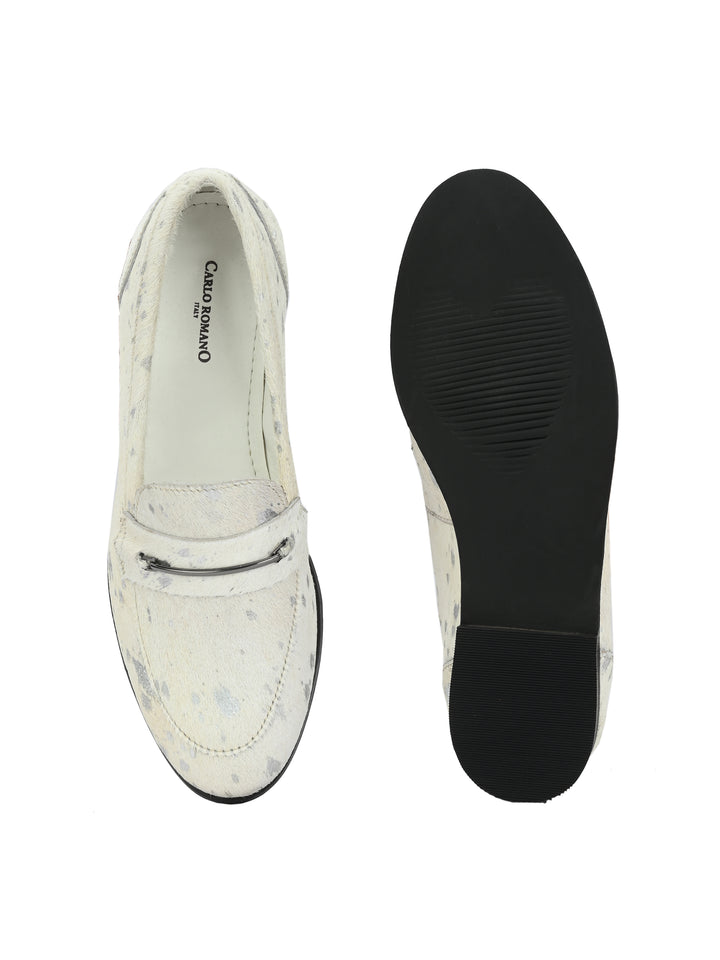 CARLO ROMANO HAIR OR FUR LEATHER WHITE-SILVER COLOR MOCCASIN SHOE FOR WOMEN
