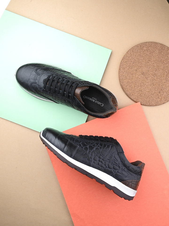 CARLO ROMANO BY WASAN BLACK BROWN COLOR PREMIUM STYLISH CROCO PRINTED LEATHER SNEAKER FOR MEN