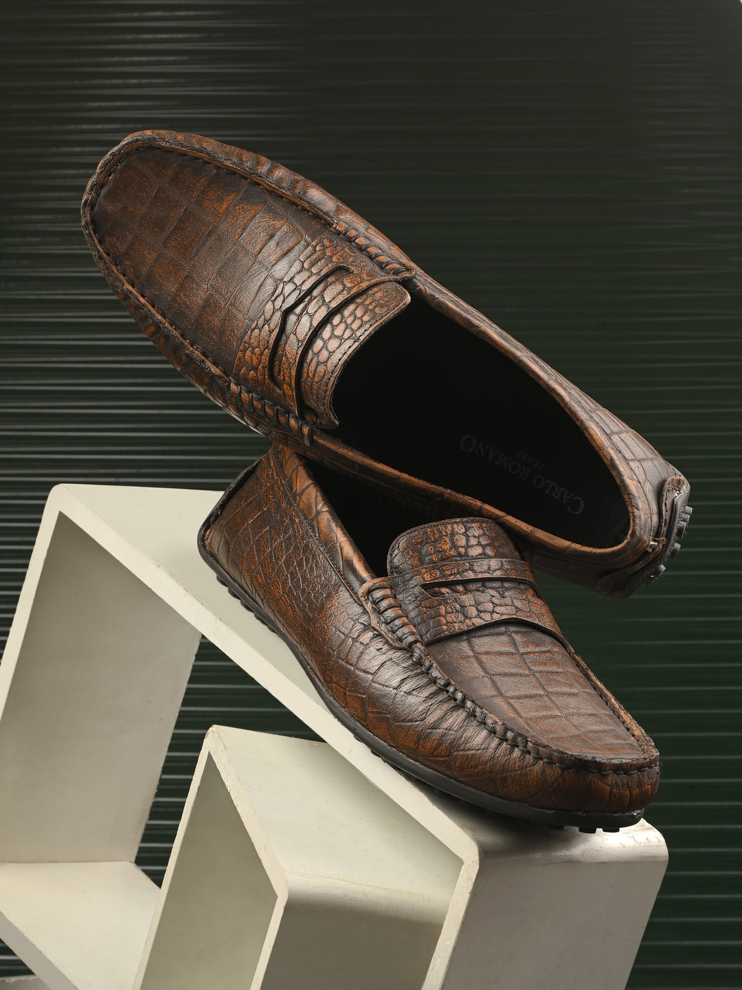 Carlo Romano Brown Italian croco printed Genuine Leather Loafer moccasin shoe for men