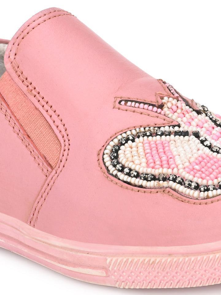 Kid's Cow Nappa Leather Slip-On <BR> Embroidery Shoes for Girls