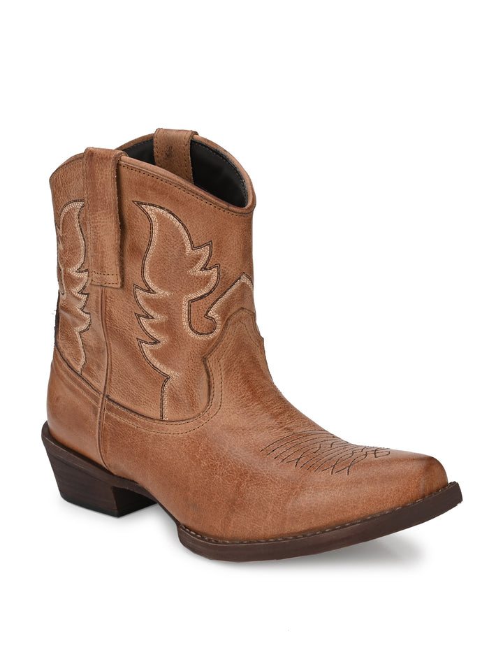 Women's Milled Burnish Leather Embroidery Half Ankle Boot