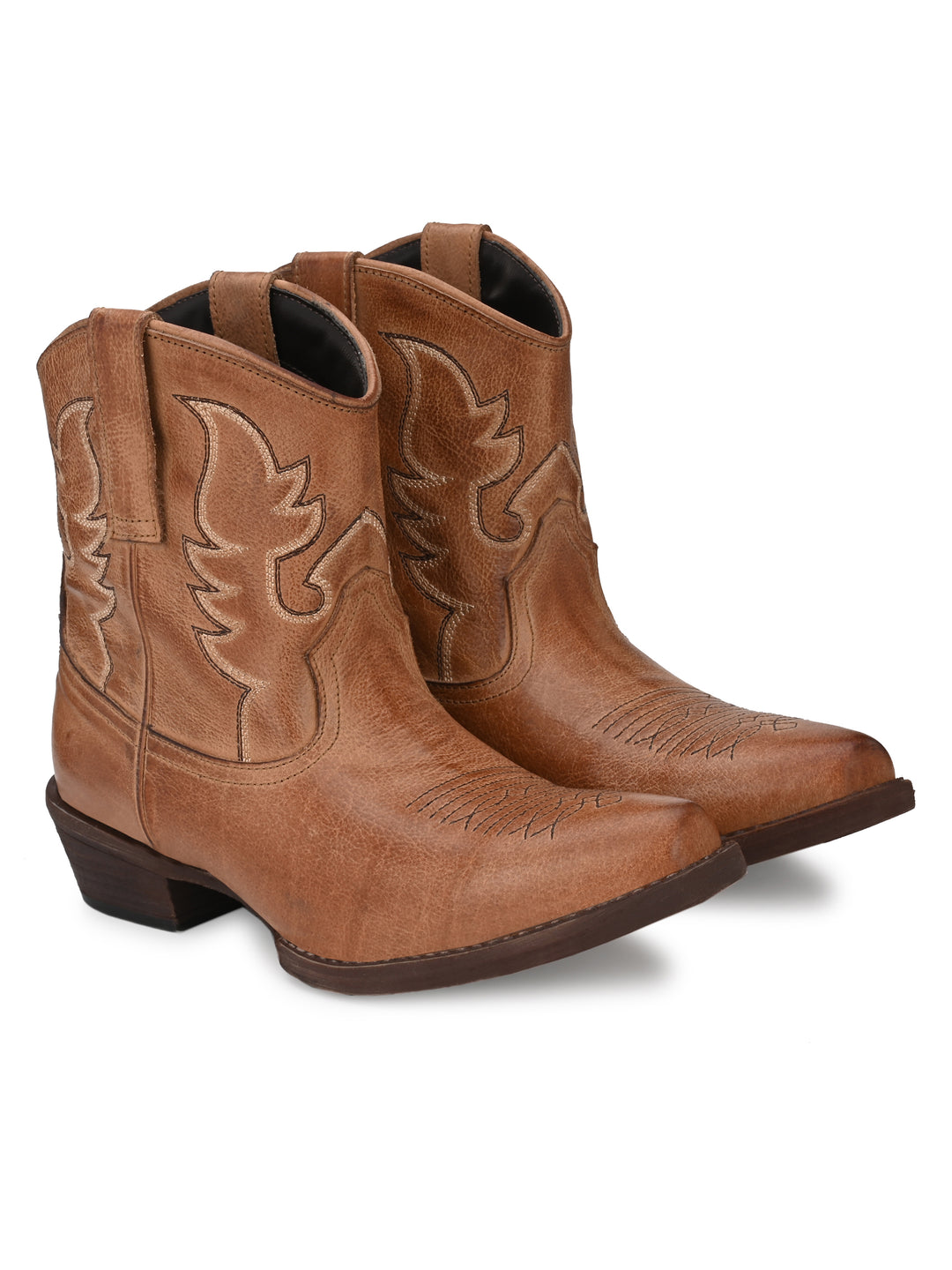 Women's Milled Burnish Leather Embroidery Half Ankle Boot