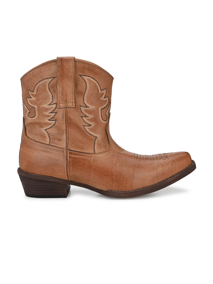 Women's Milled Burnish Leather Embroidery Half Ankle Boot