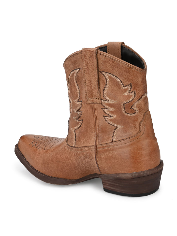 Women's Milled Burnish Leather Embroidery Half Ankle Boot