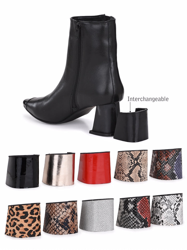 Women's Sheep Leather Patent Toe With Zip Block Heel Boho Ankle Boots (Additional interchangeable heels available at ₹300 per heel)