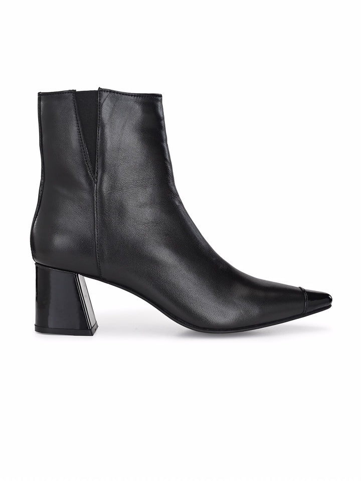 Women's Sheep Leather Patent Toe With Zip Block Heel Boho Ankle Boots (Additional interchangeable heels available at ₹300 per heel)