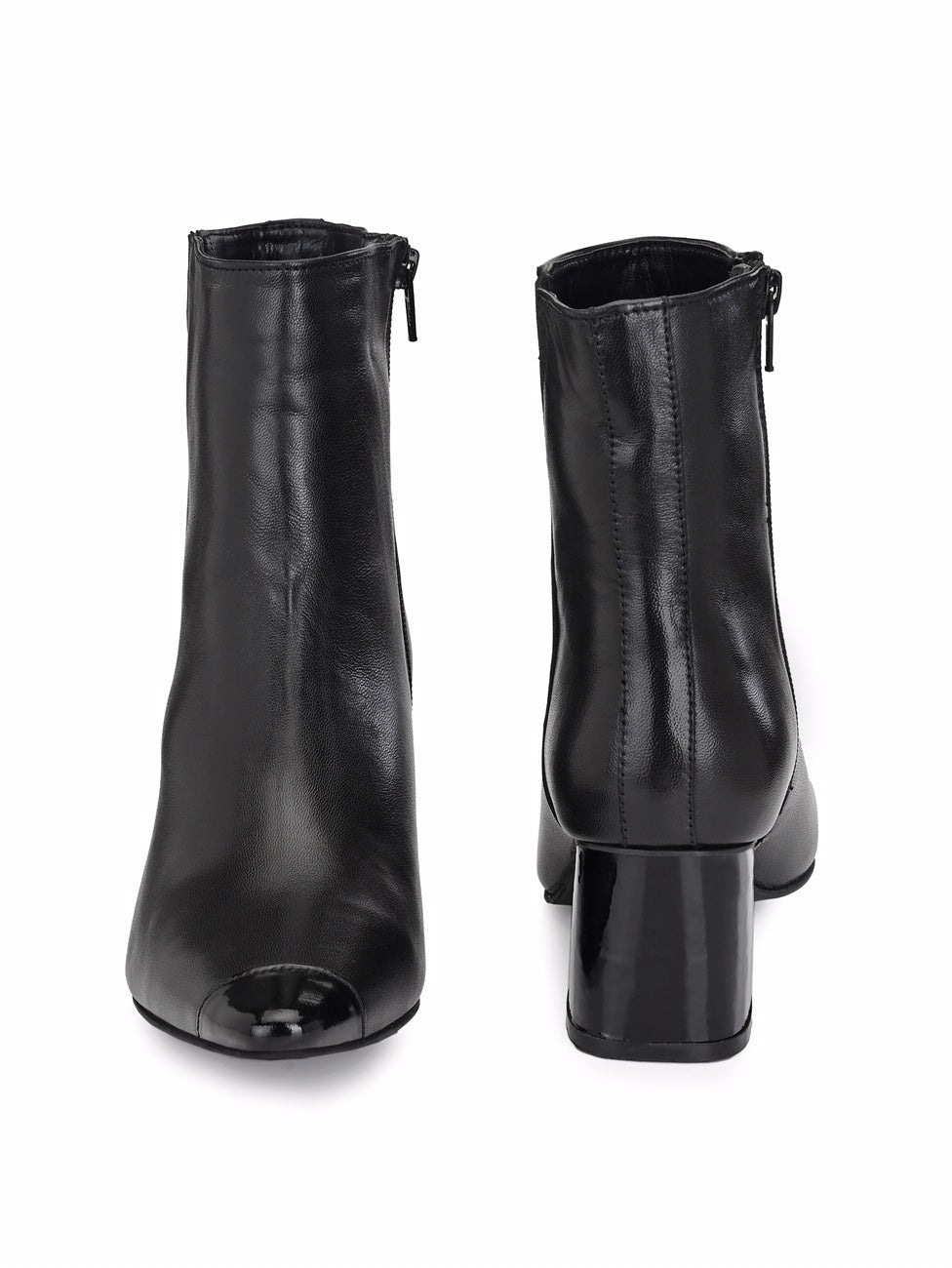 Women's Sheep Leather Patent Toe With Zip Block Heel Boho Ankle Boots (Additional interchangeable heels available at ₹300 per heel)